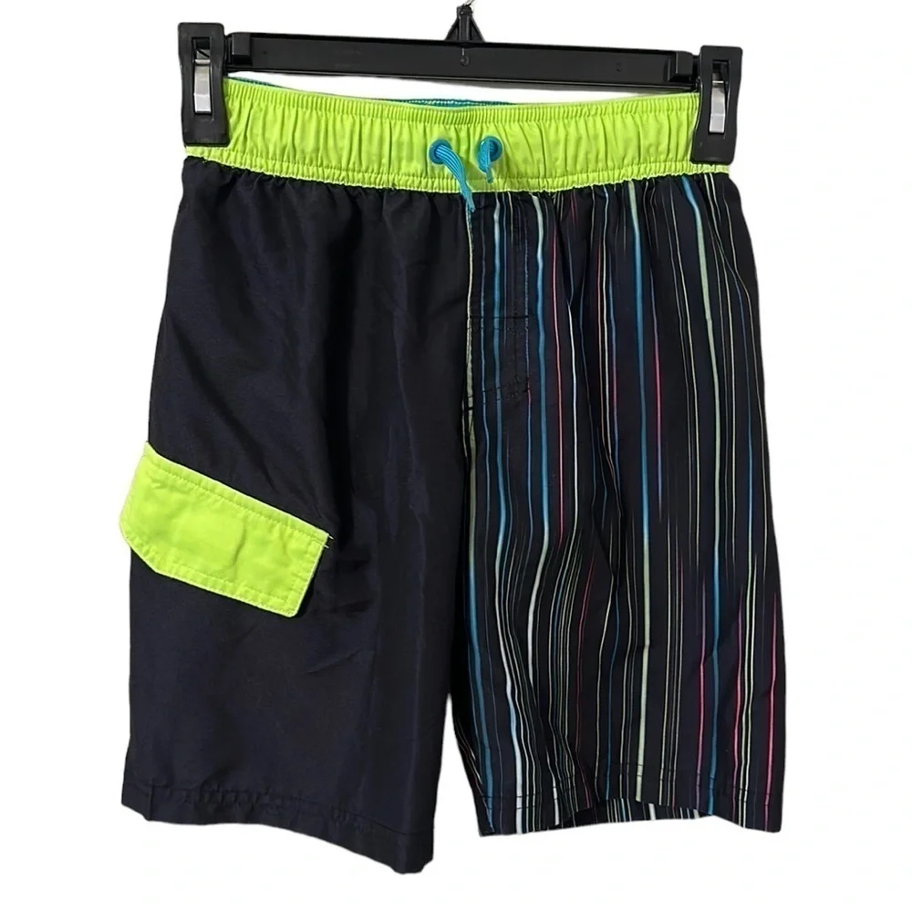 CAT &‎ Jack Boy’s Black Multicolor Stripe Boys Swim Trunks Size M
